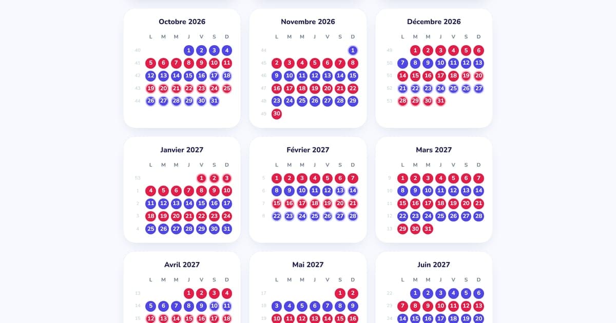 Calendrier de garde en semaines paires et impaires, de décembre 2026 à janvier 2027, avec les numéros de semaine