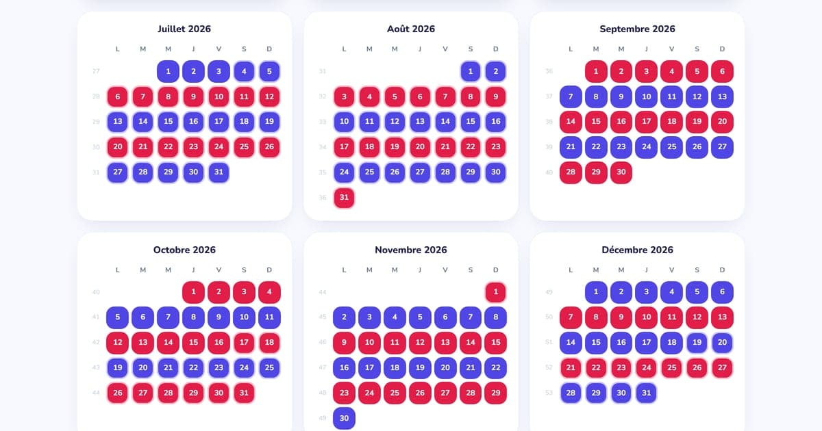 Six mois de calendrier de garde alternée 2026, chaque jour coloré selon le parent qui a l'enfant